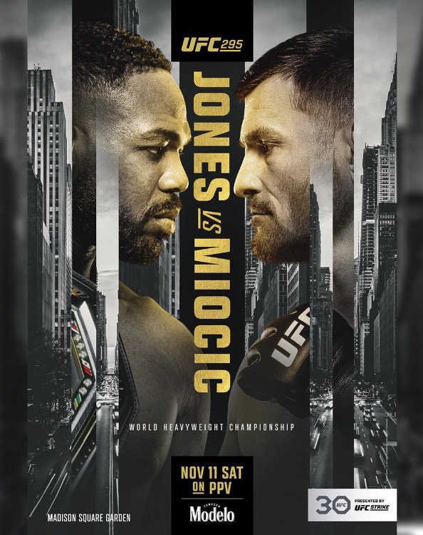 Affiche UFC 295 : Jon Jones (à gauche) vs Miocic (à droite)