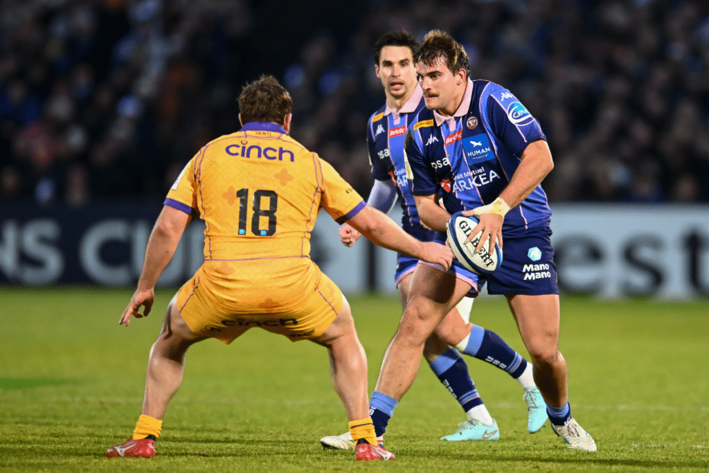 Matis Perchaud of UBB and Joey Carbery of UBB during the Investec Champions Cup match between Bordeaux and Northampton