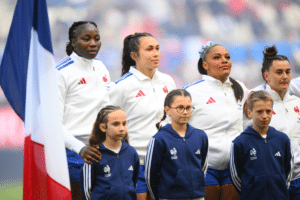 Madoussou Fall , Manae Feleu , Ambre Mwayembe and Mathilde Lazarko of France
