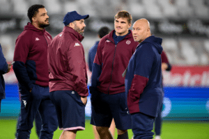 Boris Palu of UBB and Matis Perchaud of UBB and Thibault Giroud of UBB and Cyril Gomes of UBB