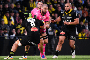 Romain BRIATTE of Stade Francais and Gregory ALDRITT of Stade Rochelais