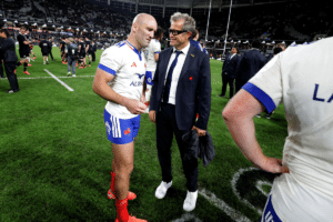 France head coach Fabien Galthie with captain Maxime Lucu